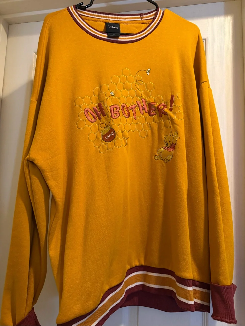 Disney Men’s Mustard Yellow Winnie the Pooh Crewneck Sweatshirt with Maroon Trim
